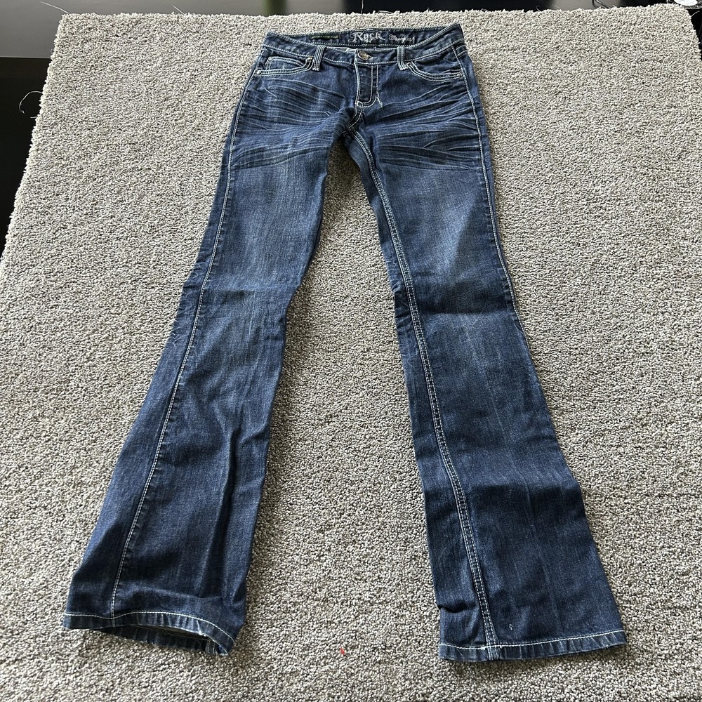 Rock 47 Ultra Low Rise Bootcut Jeans Womens 1x36 Med Wash Studded Embroidered